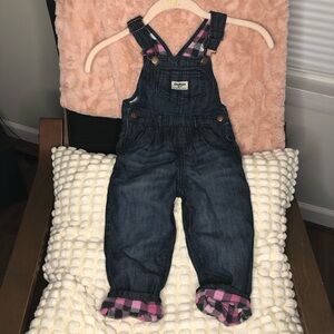 Girls Oshkosh Overalls Pink Black Buffalo Plaid Lined Size 2T Bibs